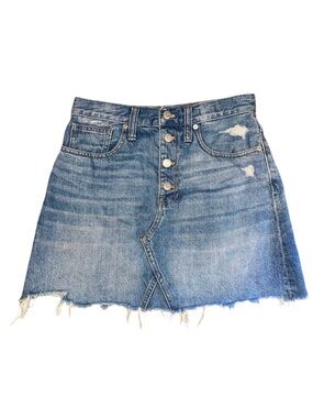 Madewell denim mini skirt rigid jean a-line exposed button frayed hem blue 27